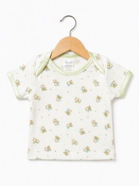 René Rofé Baby Newborn Short Sleeve Teddy Bear AOP Satin Trim Vintage Style